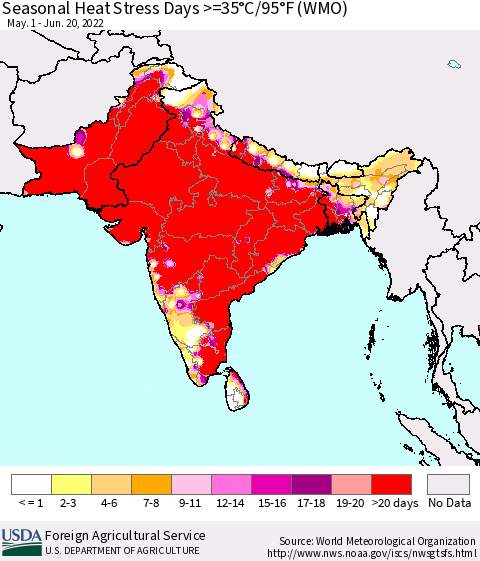 Southern Asia Seasonal Heat Stress Days >=35°C/95°F (WMO) Thematic Map For 5/1/2022 - 6/20/2022