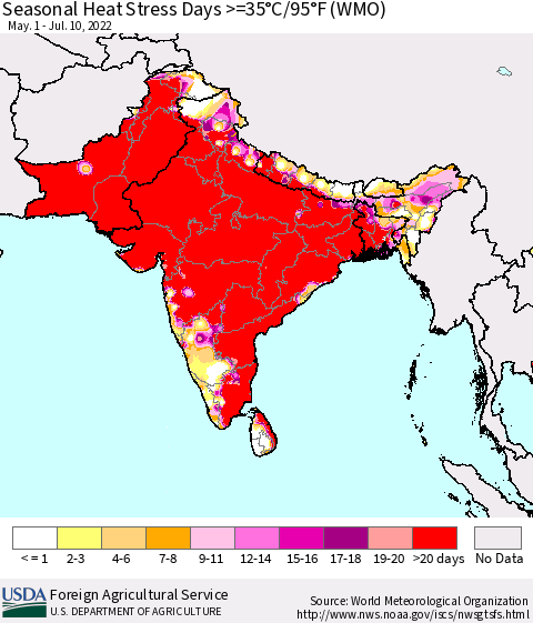 Southern Asia Seasonal Heat Stress Days >=35°C/95°F (WMO) Thematic Map For 5/1/2022 - 7/10/2022