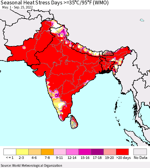 Southern Asia Seasonal Heat Stress Days >=35°C/95°F (WMO) Thematic Map For 5/1/2022 - 9/25/2022