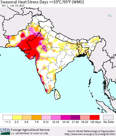Southern Asia Seasonal Heat Stress Days >=35°C/95°F (WMO) Thematic Map For 10/1/2022 - 1/10/2023