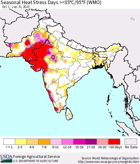 Southern Asia Seasonal Heat Stress Days >=35°C/95°F (WMO) Thematic Map For 10/1/2022 - 1/31/2023