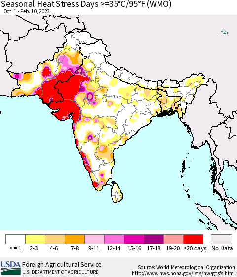 Southern Asia Seasonal Heat Stress Days >=35°C/95°F (WMO) Thematic Map For 10/1/2022 - 2/10/2023