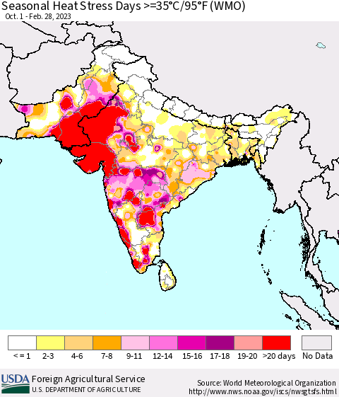 Southern Asia Seasonal Heat Stress Days >=35°C/95°F (WMO) Thematic Map For 10/1/2022 - 2/28/2023