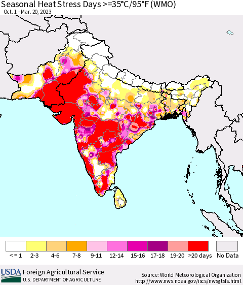 Southern Asia Seasonal Heat Stress Days >=35°C/95°F (WMO) Thematic Map For 10/1/2022 - 3/20/2023