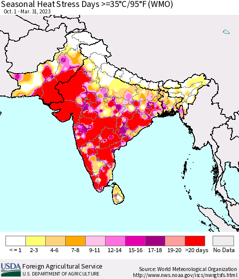 Southern Asia Seasonal Heat Stress Days >=35°C/95°F (WMO) Thematic Map For 10/1/2022 - 3/31/2023