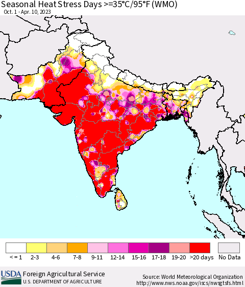 Southern Asia Seasonal Heat Stress Days >=35°C/95°F (WMO) Thematic Map For 10/1/2022 - 4/10/2023