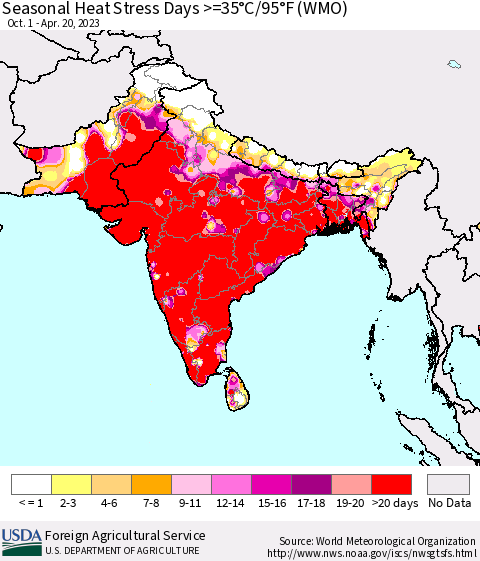 Southern Asia Seasonal Heat Stress Days >=35°C/95°F (WMO) Thematic Map For 10/1/2022 - 4/20/2023