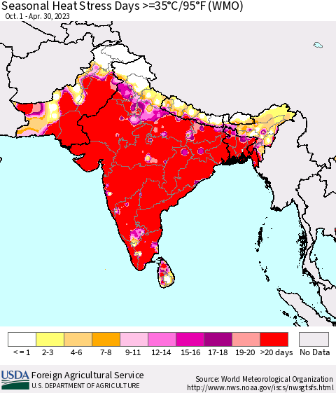 Southern Asia Seasonal Heat Stress Days >=35°C/95°F (WMO) Thematic Map For 10/1/2022 - 4/30/2023