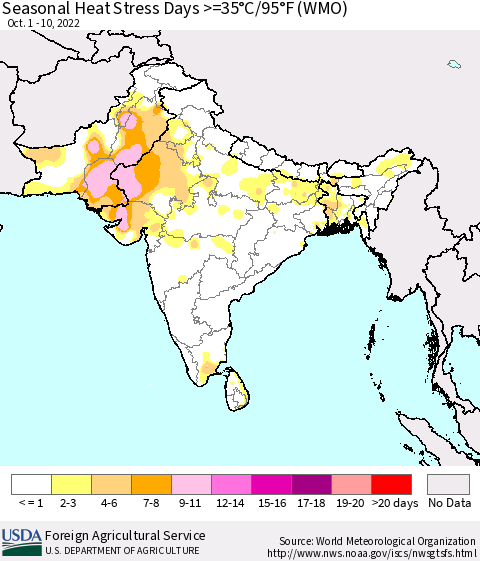 Southern Asia Seasonal Heat Stress Days >=35°C/95°F (WMO) Thematic Map For 10/1/2022 - 10/10/2022
