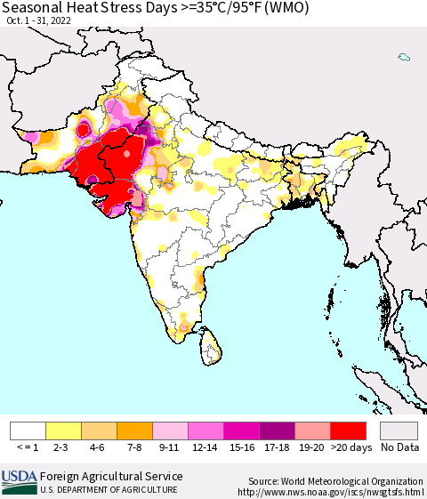 Southern Asia Seasonal Heat Stress Days >=35°C/95°F (WMO) Thematic Map For 10/1/2022 - 10/31/2022