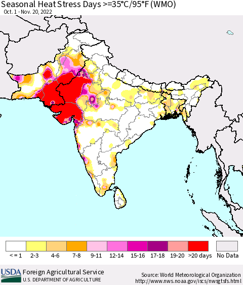 Southern Asia Seasonal Heat Stress Days >=35°C/95°F (WMO) Thematic Map For 10/1/2022 - 11/20/2022