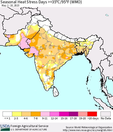 Southern Asia Seasonal Heat Stress Days >=35°C/95°F (WMO) Thematic Map For 5/1/2023 - 5/10/2023