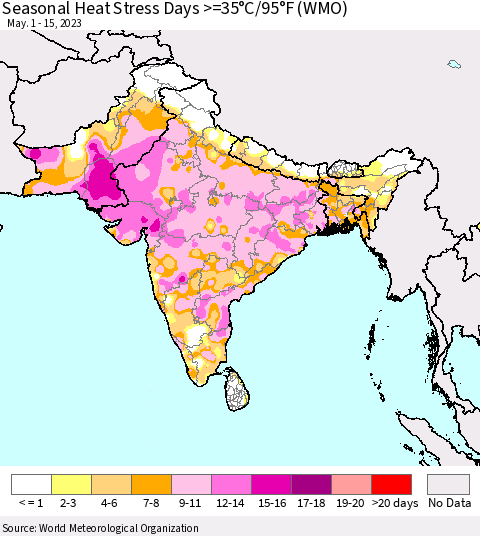 Southern Asia Seasonal Heat Stress Days >=35°C/95°F (WMO) Thematic Map For 5/1/2023 - 5/15/2023
