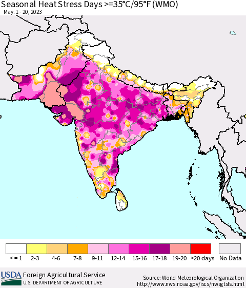 Southern Asia Seasonal Heat Stress Days >=35°C/95°F (WMO) Thematic Map For 5/1/2023 - 5/20/2023