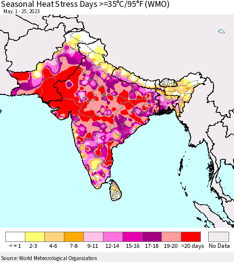 Southern Asia Seasonal Heat Stress Days >=35°C/95°F (WMO) Thematic Map For 5/1/2023 - 5/25/2023