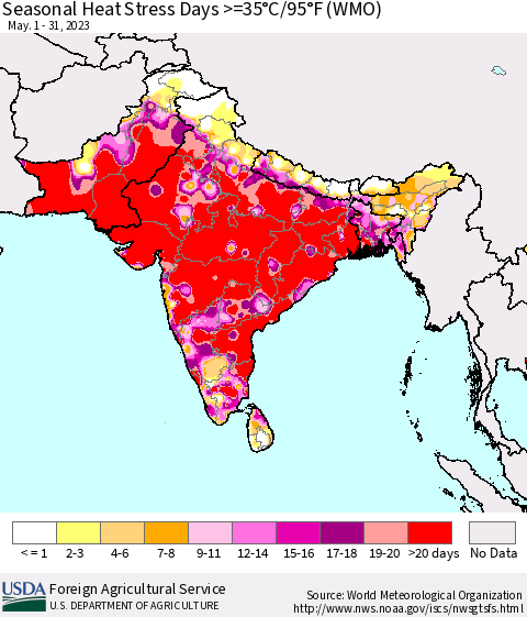 Southern Asia Seasonal Heat Stress Days >=35°C/95°F (WMO) Thematic Map For 5/1/2023 - 5/31/2023
