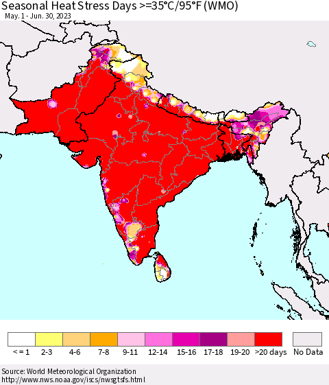 Southern Asia Seasonal Heat Stress Days >=35°C/95°F (WMO) Thematic Map For 5/1/2023 - 6/30/2023