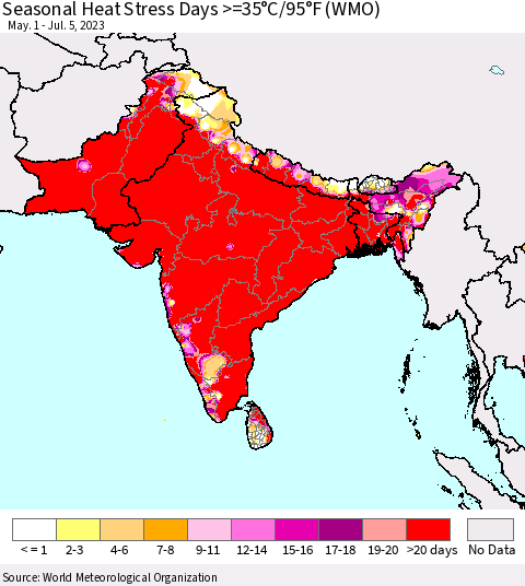 Southern Asia Seasonal Heat Stress Days >=35°C/95°F (WMO) Thematic Map For 5/1/2023 - 7/5/2023