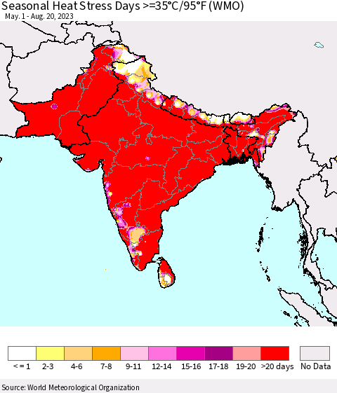 Southern Asia Seasonal Heat Stress Days >=35°C/95°F (WMO) Thematic Map For 5/1/2023 - 8/20/2023