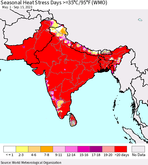 Southern Asia Seasonal Heat Stress Days >=35°C/95°F (WMO) Thematic Map For 5/1/2023 - 9/15/2023