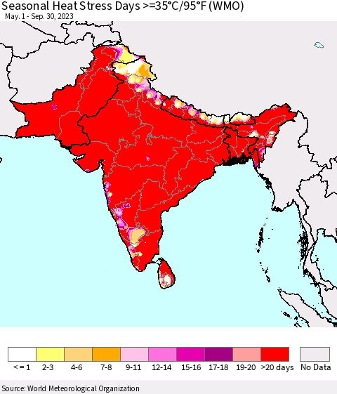 Southern Asia Seasonal Heat Stress Days >=35°C/95°F (WMO) Thematic Map For 5/1/2023 - 9/30/2023