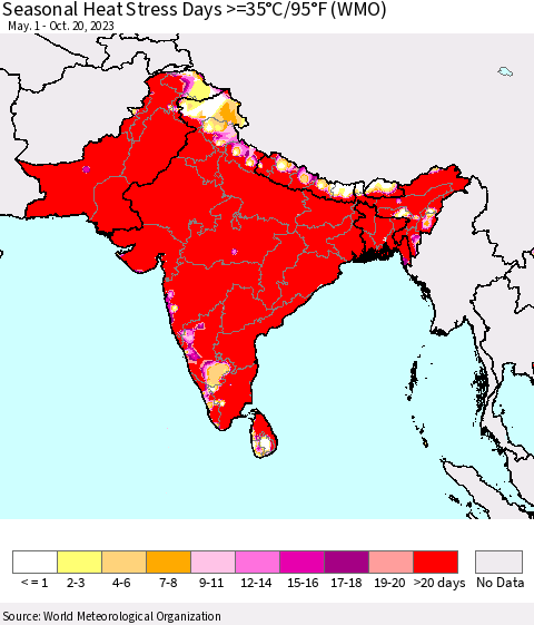 Southern Asia Seasonal Heat Stress Days >=35°C/95°F (WMO) Thematic Map For 5/1/2023 - 10/20/2023
