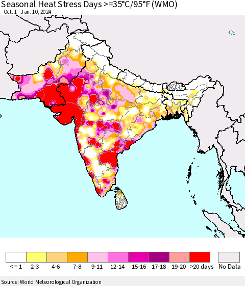 Southern Asia Seasonal Heat Stress Days >=35°C/95°F (WMO) Thematic Map For 10/1/2023 - 1/10/2024