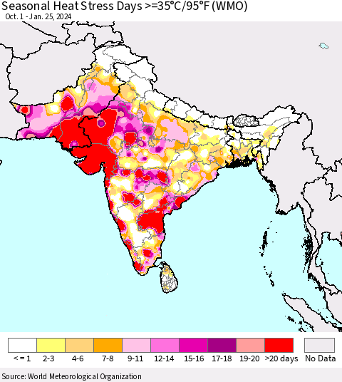 Southern Asia Seasonal Heat Stress Days >=35°C/95°F (WMO) Thematic Map For 10/1/2023 - 1/25/2024