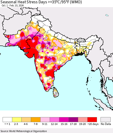 Southern Asia Seasonal Heat Stress Days >=35°C/95°F (WMO) Thematic Map For 10/1/2023 - 2/10/2024