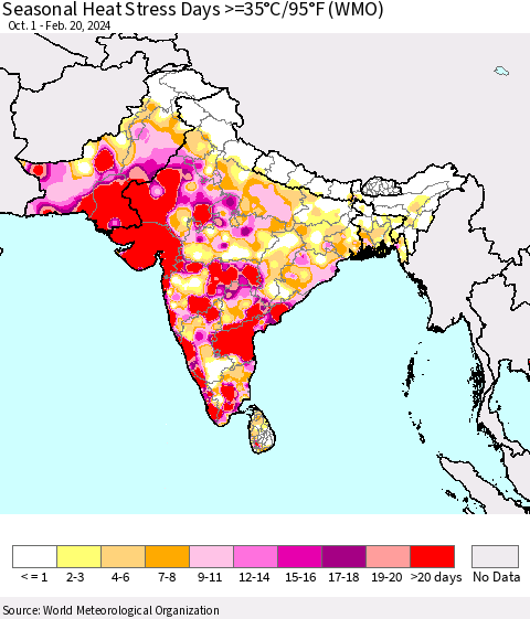 Southern Asia Seasonal Heat Stress Days >=35°C/95°F (WMO) Thematic Map For 10/1/2023 - 2/20/2024