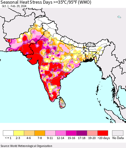 Southern Asia Seasonal Heat Stress Days >=35°C/95°F (WMO) Thematic Map For 10/1/2023 - 2/29/2024