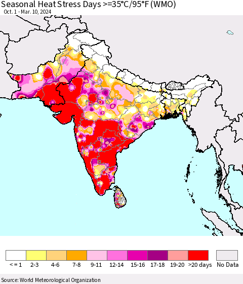 Southern Asia Seasonal Heat Stress Days >=35°C/95°F (WMO) Thematic Map For 10/1/2023 - 3/10/2024