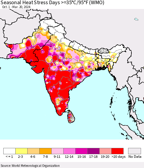 Southern Asia Seasonal Heat Stress Days >=35°C/95°F (WMO) Thematic Map For 10/1/2023 - 3/20/2024