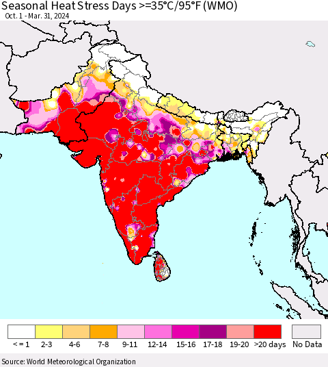 Southern Asia Seasonal Heat Stress Days >=35°C/95°F (WMO) Thematic Map For 10/1/2023 - 3/31/2024