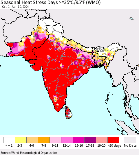 Southern Asia Seasonal Heat Stress Days >=35°C/95°F (WMO) Thematic Map For 10/1/2023 - 4/10/2024