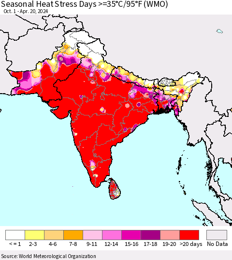 Southern Asia Seasonal Heat Stress Days >=35°C/95°F (WMO) Thematic Map For 10/1/2023 - 4/20/2024