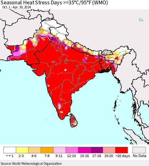Southern Asia Seasonal Heat Stress Days >=35°C/95°F (WMO) Thematic Map For 10/1/2023 - 4/30/2024