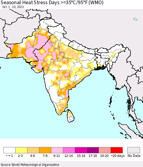 Southern Asia Seasonal Heat Stress Days >=35°C/95°F (WMO) Thematic Map For 10/1/2023 - 10/10/2023