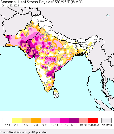 Southern Asia Seasonal Heat Stress Days >=35°C/95°F (WMO) Thematic Map For 10/1/2023 - 10/20/2023
