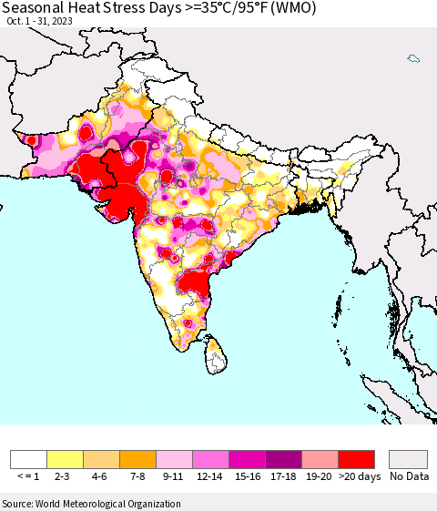 Southern Asia Seasonal Heat Stress Days >=35°C/95°F (WMO) Thematic Map For 10/1/2023 - 10/31/2023