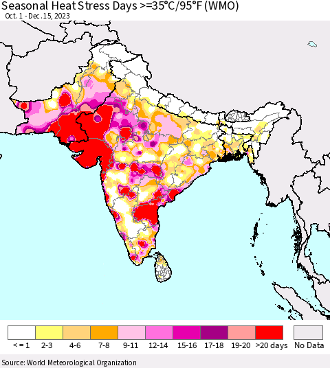 Southern Asia Seasonal Heat Stress Days >=35°C/95°F (WMO) Thematic Map For 10/1/2023 - 12/15/2023