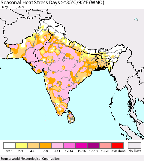 Southern Asia Seasonal Heat Stress Days >=35°C/95°F (WMO) Thematic Map For 5/1/2024 - 5/10/2024