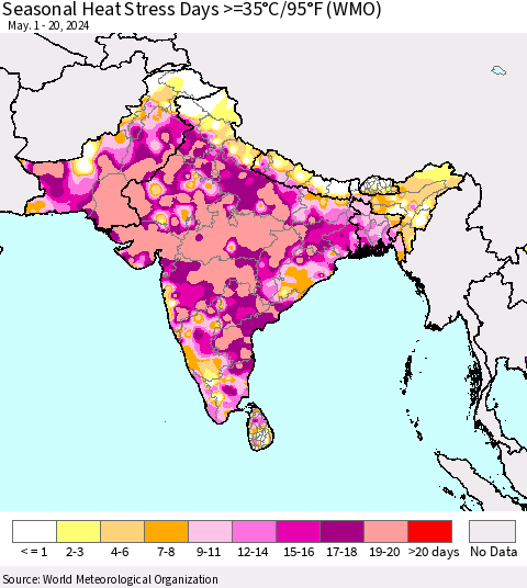 Southern Asia Seasonal Heat Stress Days >=35°C/95°F (WMO) Thematic Map For 5/1/2024 - 5/20/2024
