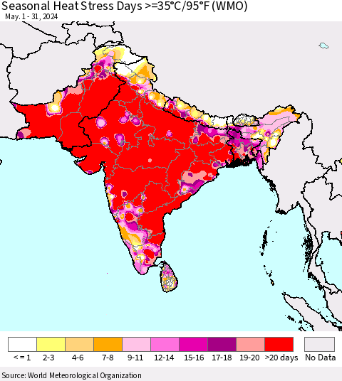 Southern Asia Seasonal Heat Stress Days >=35°C/95°F (WMO) Thematic Map For 5/1/2024 - 5/31/2024