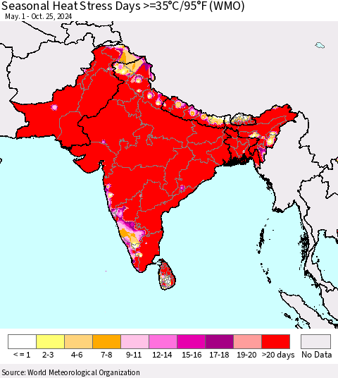 Southern Asia Seasonal Heat Stress Days >=35°C/95°F (WMO) Thematic Map For 5/1/2024 - 10/25/2024