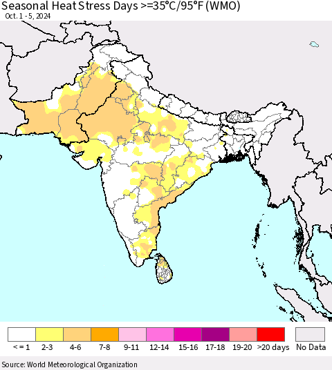 Southern Asia Seasonal Heat Stress Days >=35°C/95°F (WMO) Thematic Map For 10/1/2024 - 10/5/2024