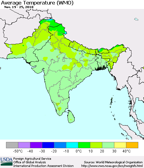Southern Asia Average Temperature (WMO) Thematic Map For 11/19/2018 - 11/25/2018