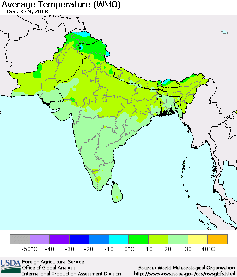 Southern Asia Average Temperature (WMO) Thematic Map For 12/3/2018 - 12/9/2018