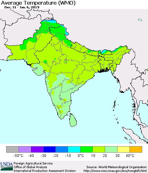 Southern Asia Average Temperature (WMO) Thematic Map For 12/31/2018 - 1/6/2019