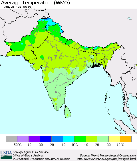 Southern Asia Average Temperature (WMO) Thematic Map For 1/21/2019 - 1/27/2019